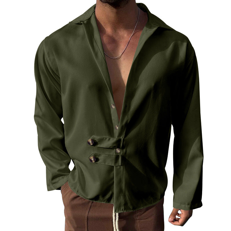 Men's modern long-sleeved shirt with deep neckline and asymmetrical strap look StylebySassy