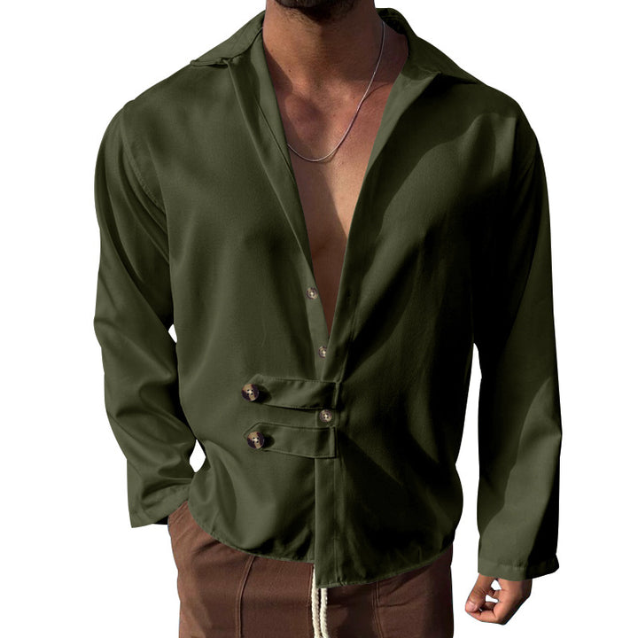 Men's modern long-sleeved shirt with deep neckline and asymmetrical strap look StylebySassy