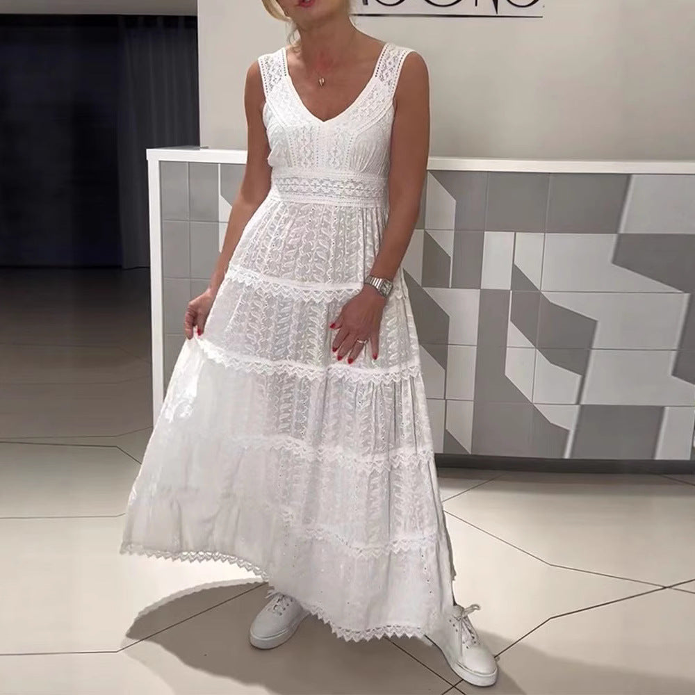 Women’s sleeveless Boho lace layered maxi dress with V-neck and empire waist StylebySassy