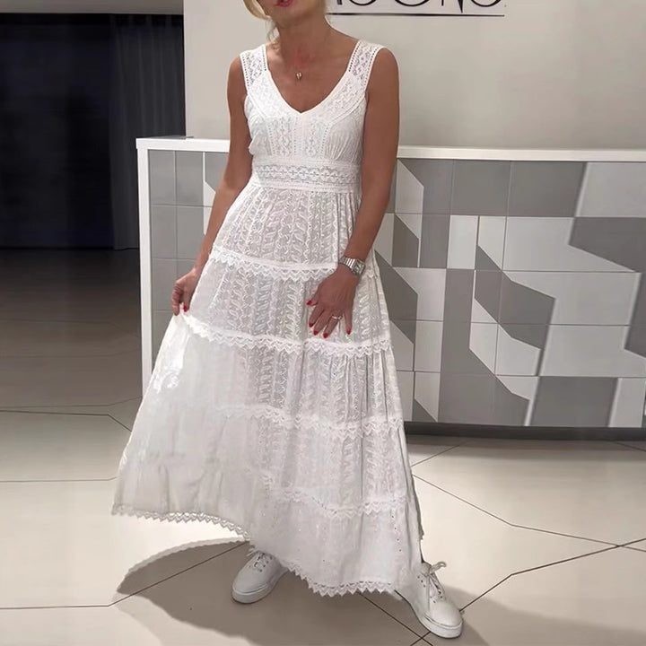 Women’s sleeveless Boho lace layered maxi dress with V-neck and empire waist StylebySassy