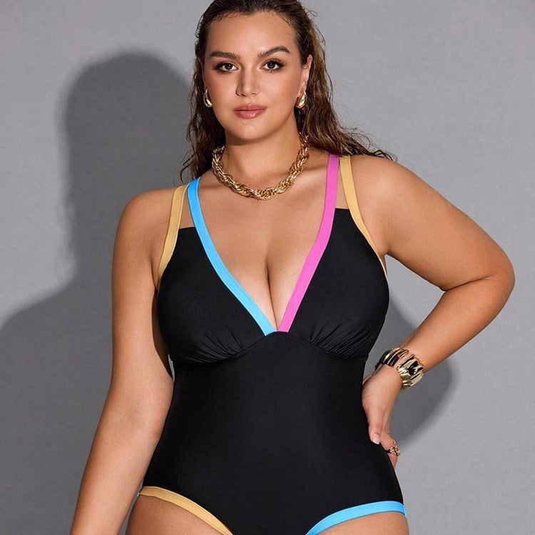 Ladies one-piece swimsuit with fashionable V-neckline and colorful straps StylebySassy