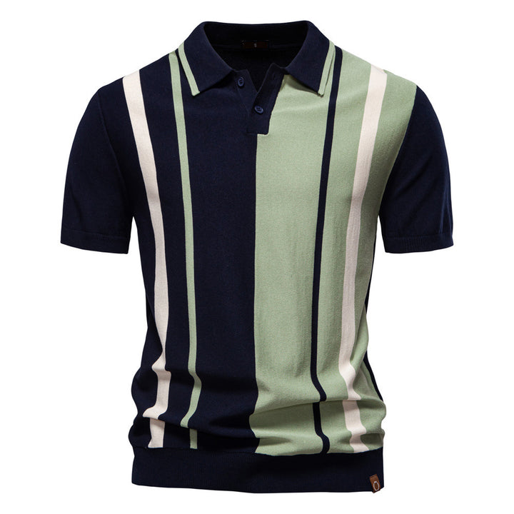 Men's retro-inspired knit polo with vertical intarsia structure and open kent collar StylebySassy