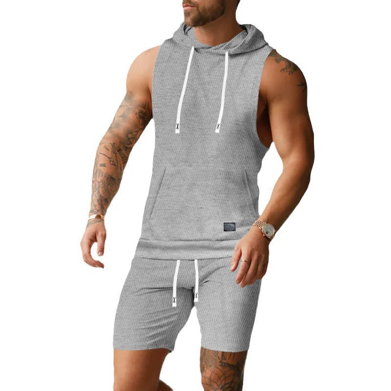 Men's sleeveless hoodie vest set made of textured cotton blend with kangaroo pocket and drawstring shorts StylebySassy