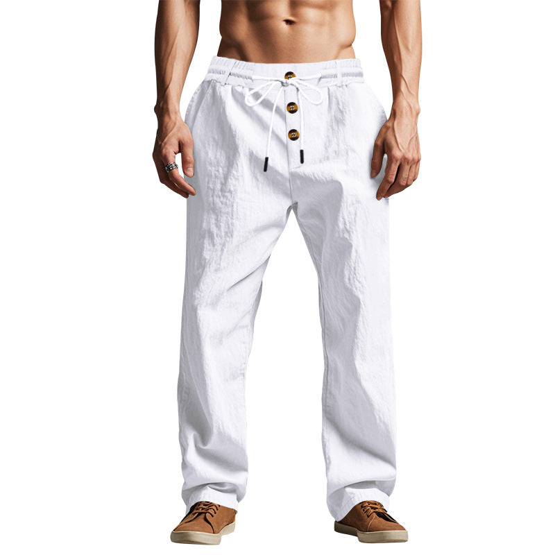 Men's relaxed pants in linen look with decorative button placket and drawstring waistband StylebySassy