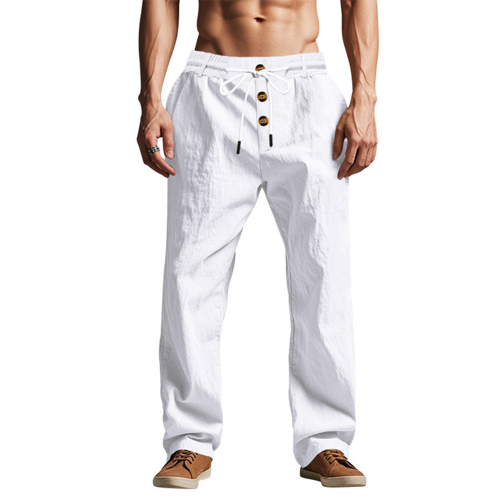 Men's relaxed pants in linen look with decorative button placket and drawstring waistband StylebySassy