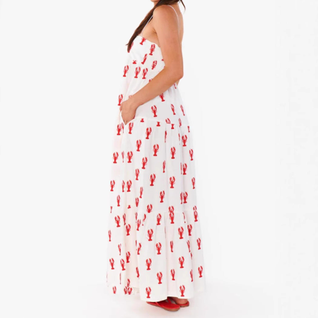 Women’s strapless tiered maxi dress with bandeau top loose A-line and maritime lobster print StylebySassy