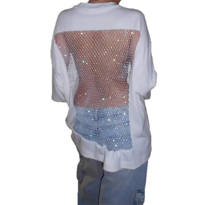 Women's oversized T-shirt with transparent mesh back, rhinestone embellishment and jeans print StylebySassy