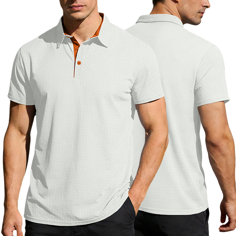 Men's finely textured polo shirt with shirt collar, contrast inner placket, and side slits StylebySassy