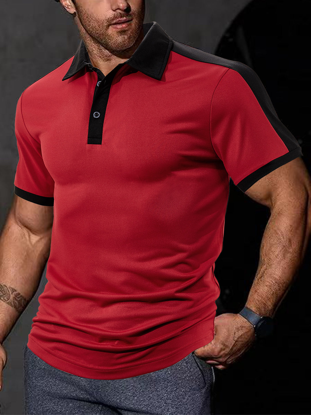 Men's fitted contrast polo shirt with shoulder yoke and shirt collar StylebySassy