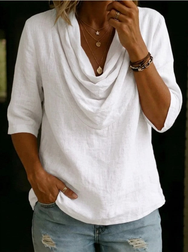 Women's airy linen blouse with draped waterfall collar, loose silhouette, and three-quarter sleeves StylebySassy