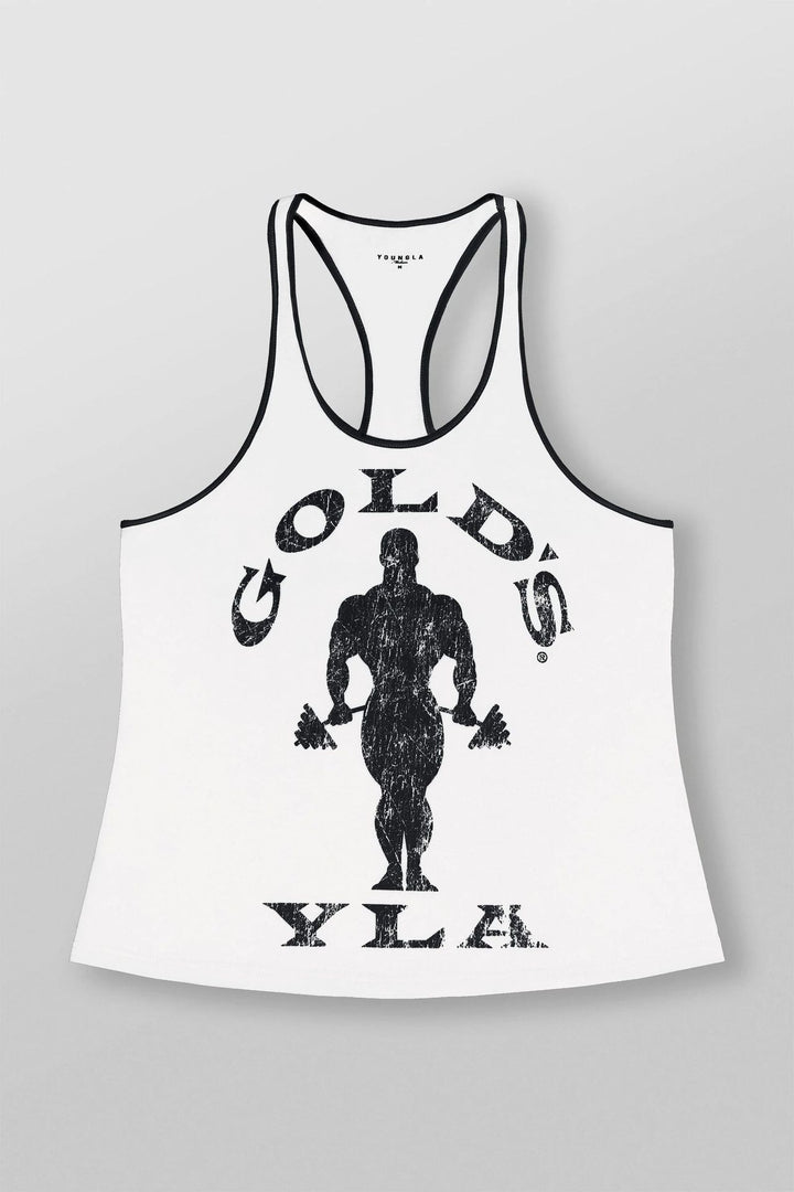 Men's nan athletic Stringer tank top backless cut with contrast piping and strength sports motif StylebySassy
