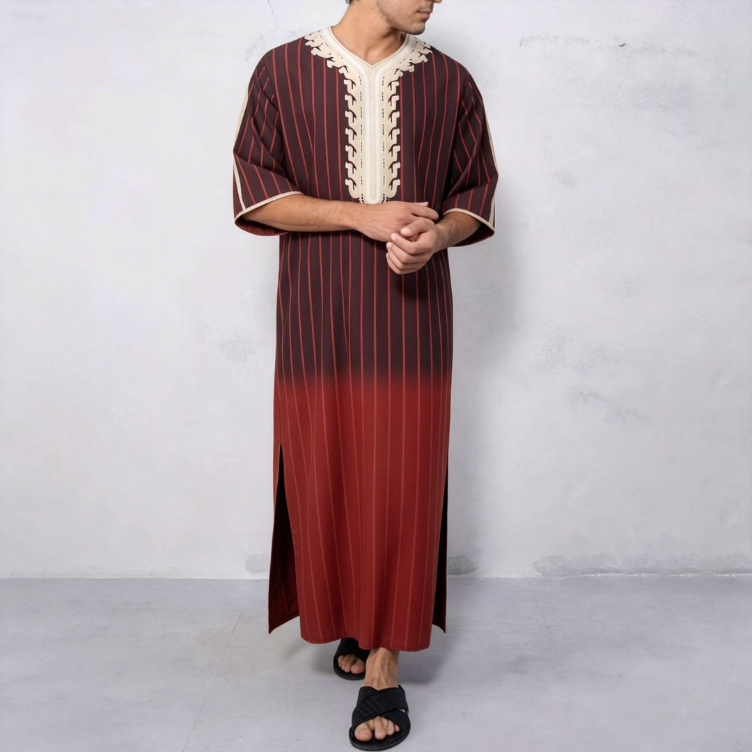 Men's striped Djellaba with decorative chest embroidery and side slit StylebySassy