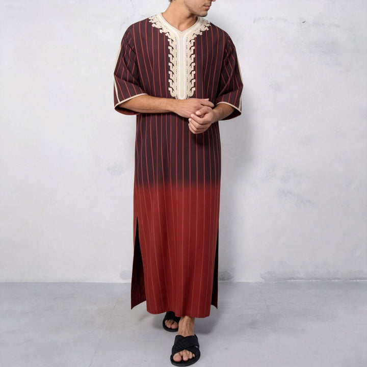 Men's striped Djellaba with decorative chest embroidery and side slit StylebySassy