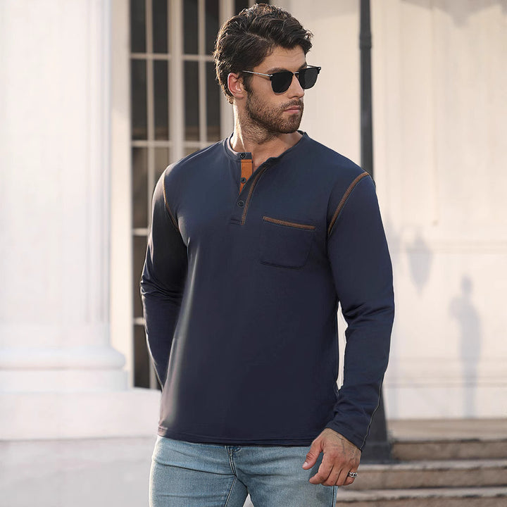 Men's Long Sleeve Shirt with Short Button Placket, Chest Pocket and Contrasting Decorative Stitching StylebySassy
