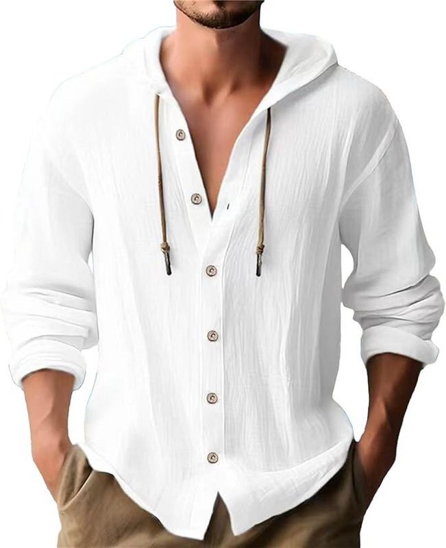 Men's crinkled short-sleeve hooded shirt made of cotton with button placket and drawstring StylebySassy