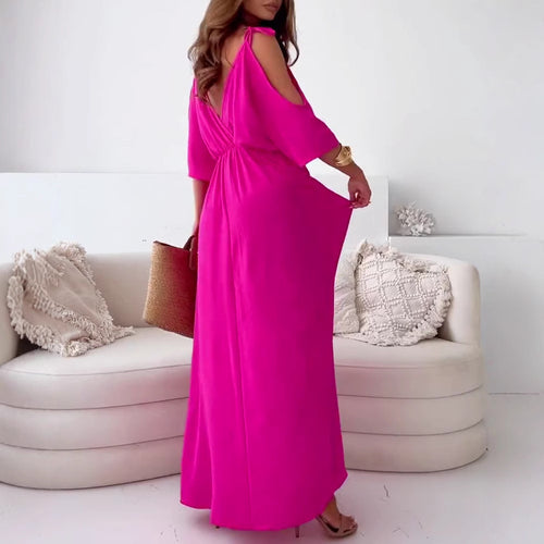 Women nan flowing maxi dress with V drape, off-shoulder strap band, elastic waist yoke and high skirt slit StylebySassy