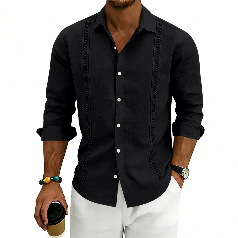 Men's casual linen blend shirt with vertical decorative stripes, Kent collar and relaxed fit StylebySassy