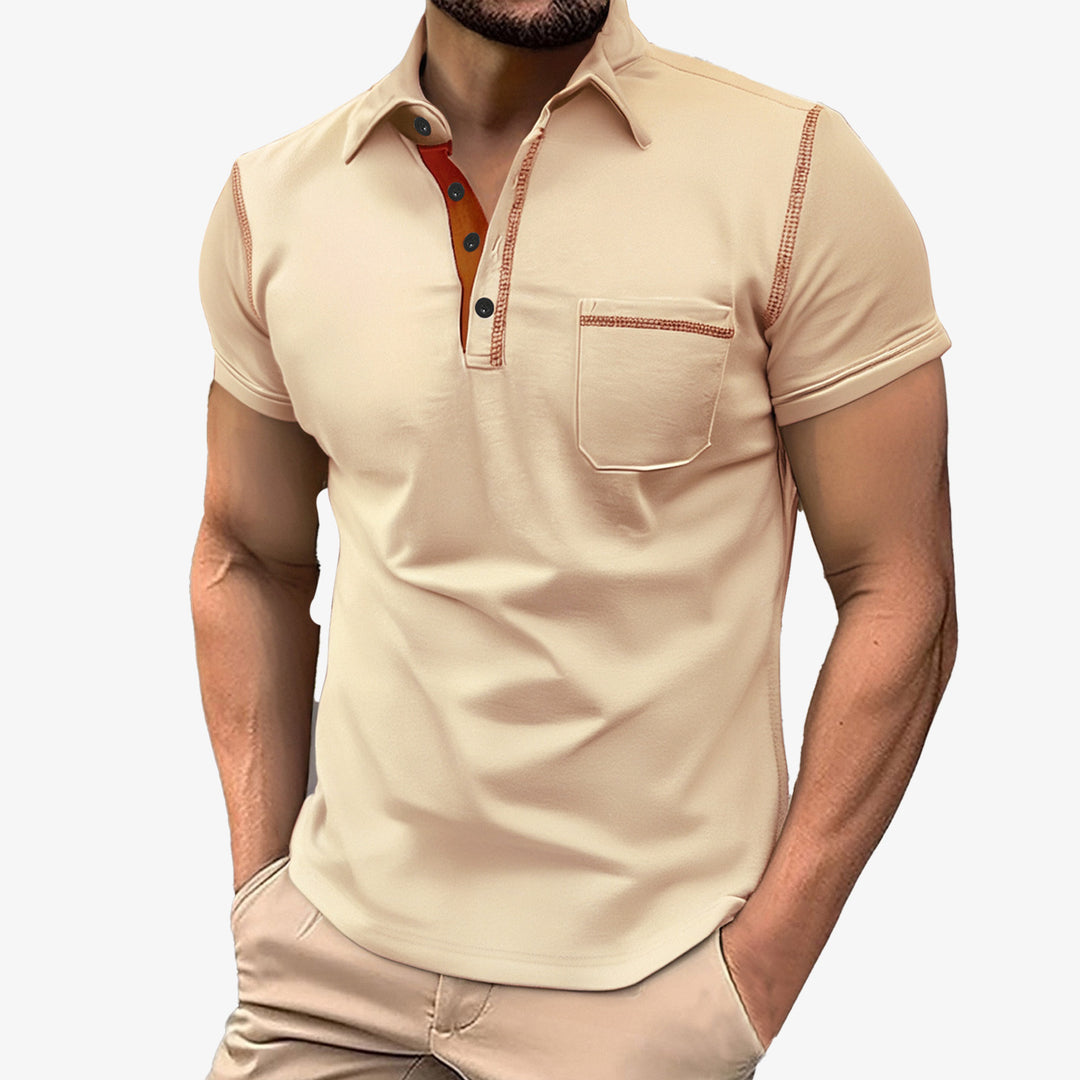 Men's short sleeve polo with chest pocket, contrasting quilted seam and shirt collar StylebySassy