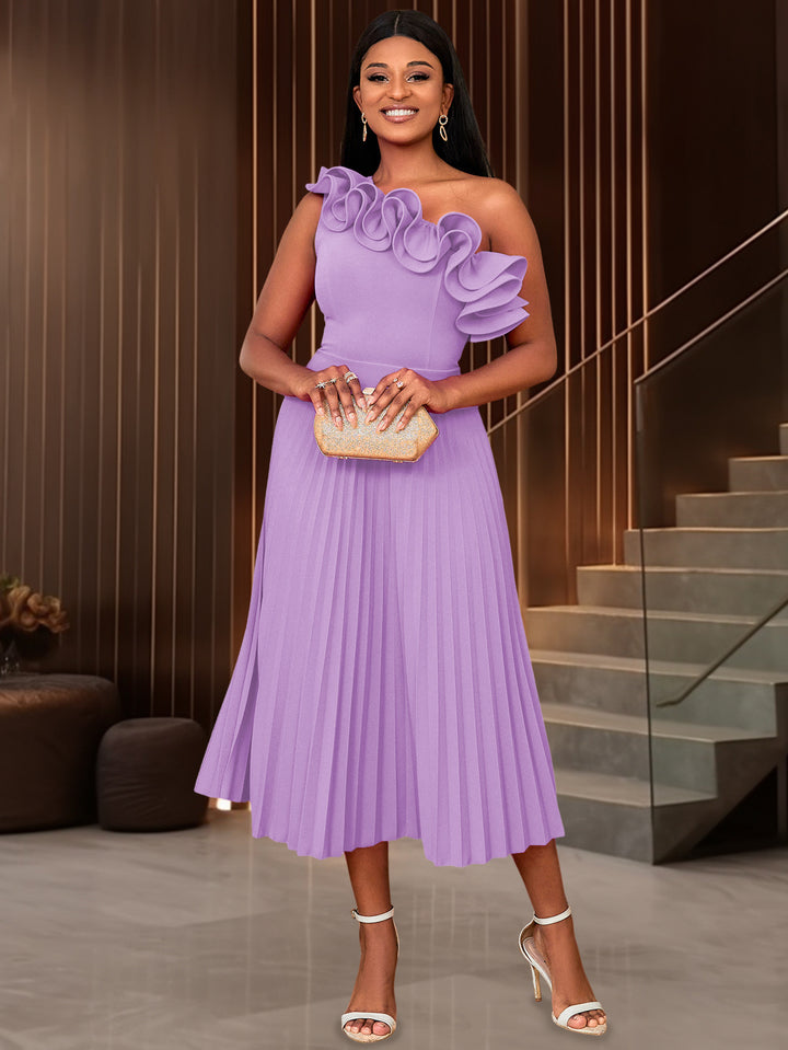 Women Folding Maxi Dress with Asymmetric Neckline and Ruffles