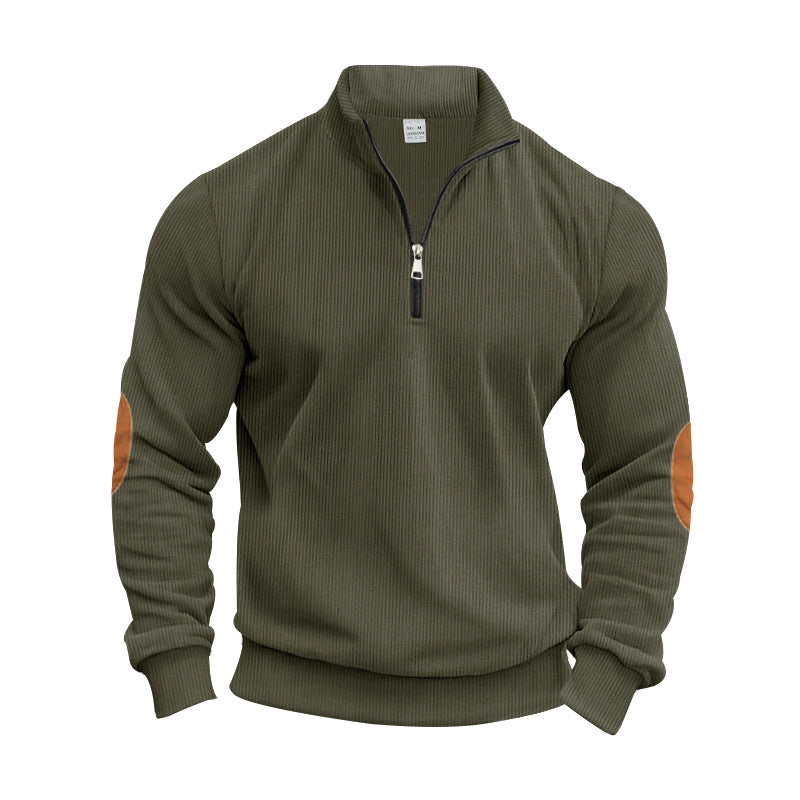 Men's structured cotton knit pullover with half zipper and elbow patches StylebySassy