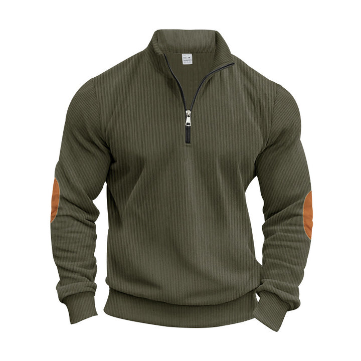 Men's structured cotton knit pullover with half zipper and elbow patches StylebySassy