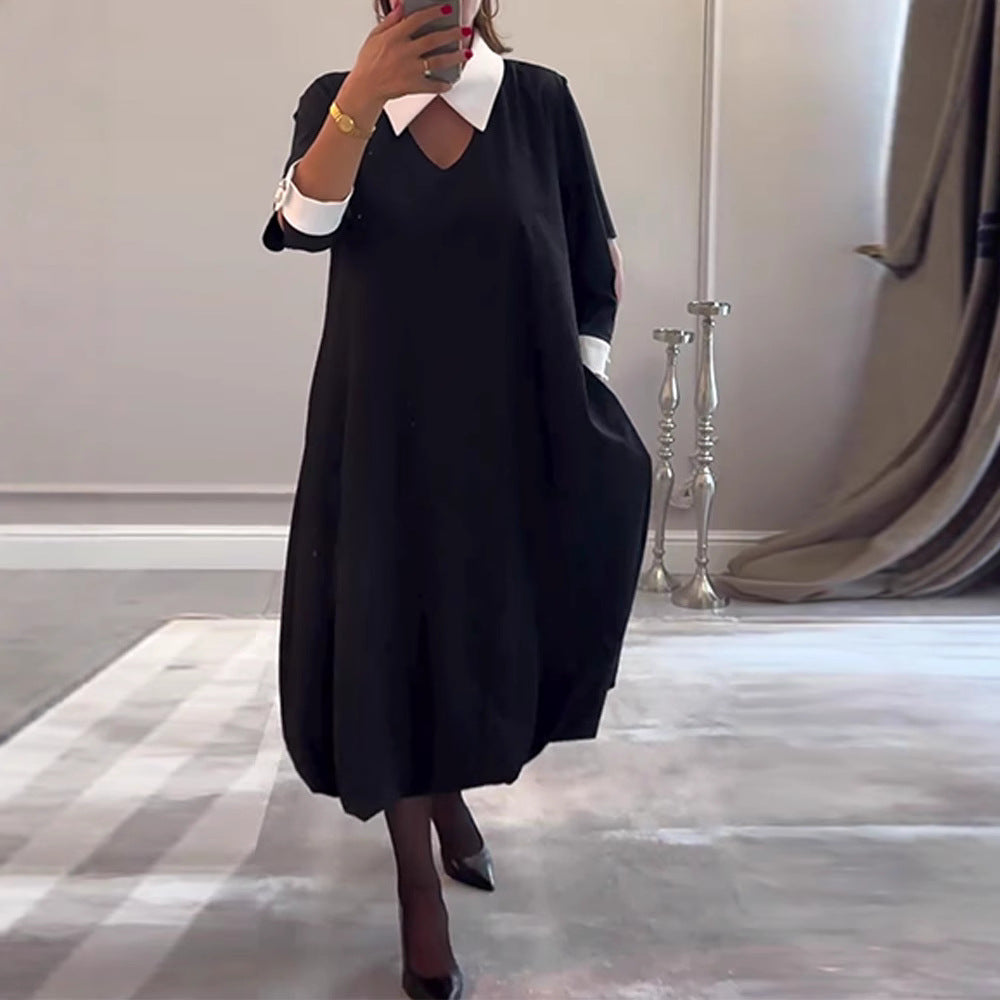 Women's casual midi dress with pointed contrast collar, cuffed sleeves, side pockets, and balloon hem StylebySassy