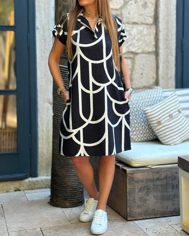 Ladies' geometric shift dress with polo collar and rolled-up short sleeves StylebySassy