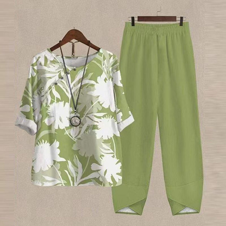 Women's lightweight tunic two-piece set with botanical leaf print, casual V-neck blouse and elastic comfort pants StylebySassy