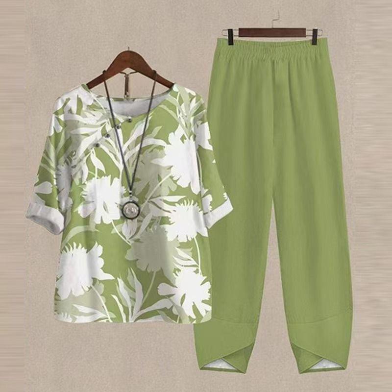 Women's lightweight tunic two-piece made of viscose-linen blend with V-neck, three-quarter sleeves, and ankle-length comfort waistband pants StylebySassy