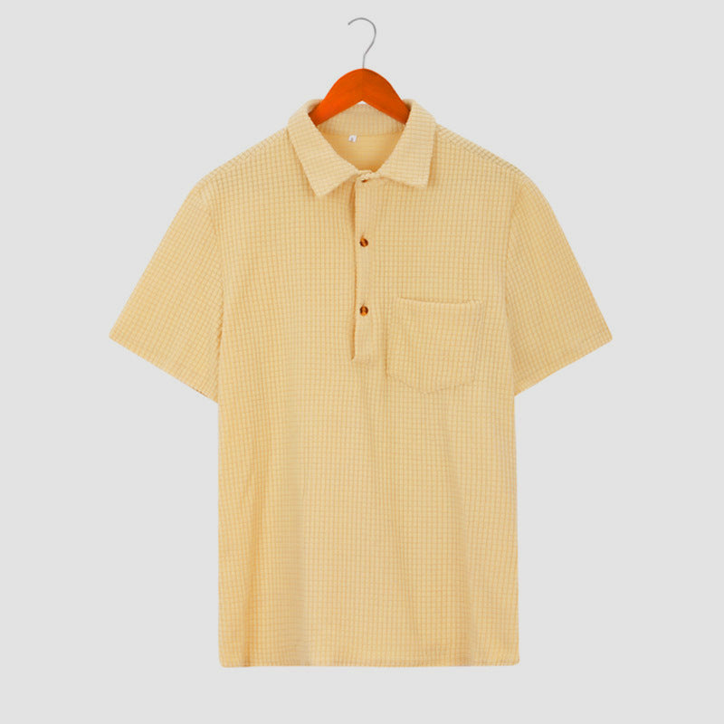 Men's waffle knit polo with shirt collar, short button placket and chest pocket StylebySassy
