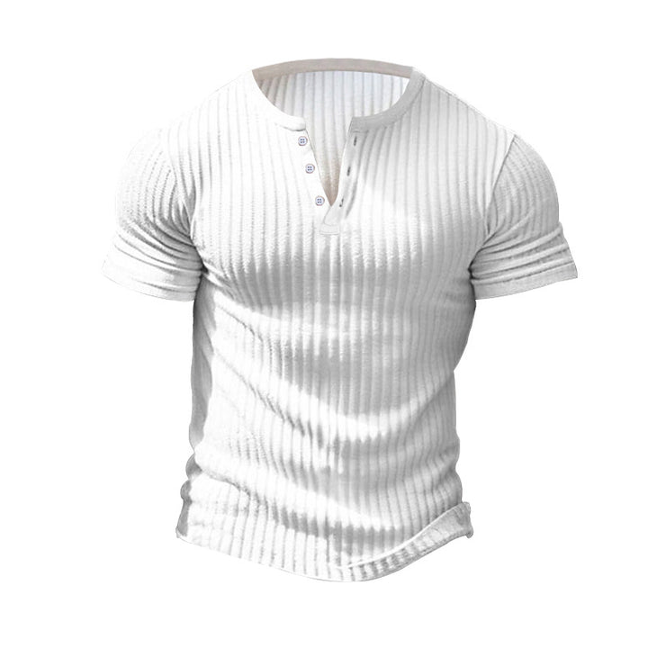 Men's fitted short sleeve Henley shirt with ribbed texture and short button placket StylebySassy