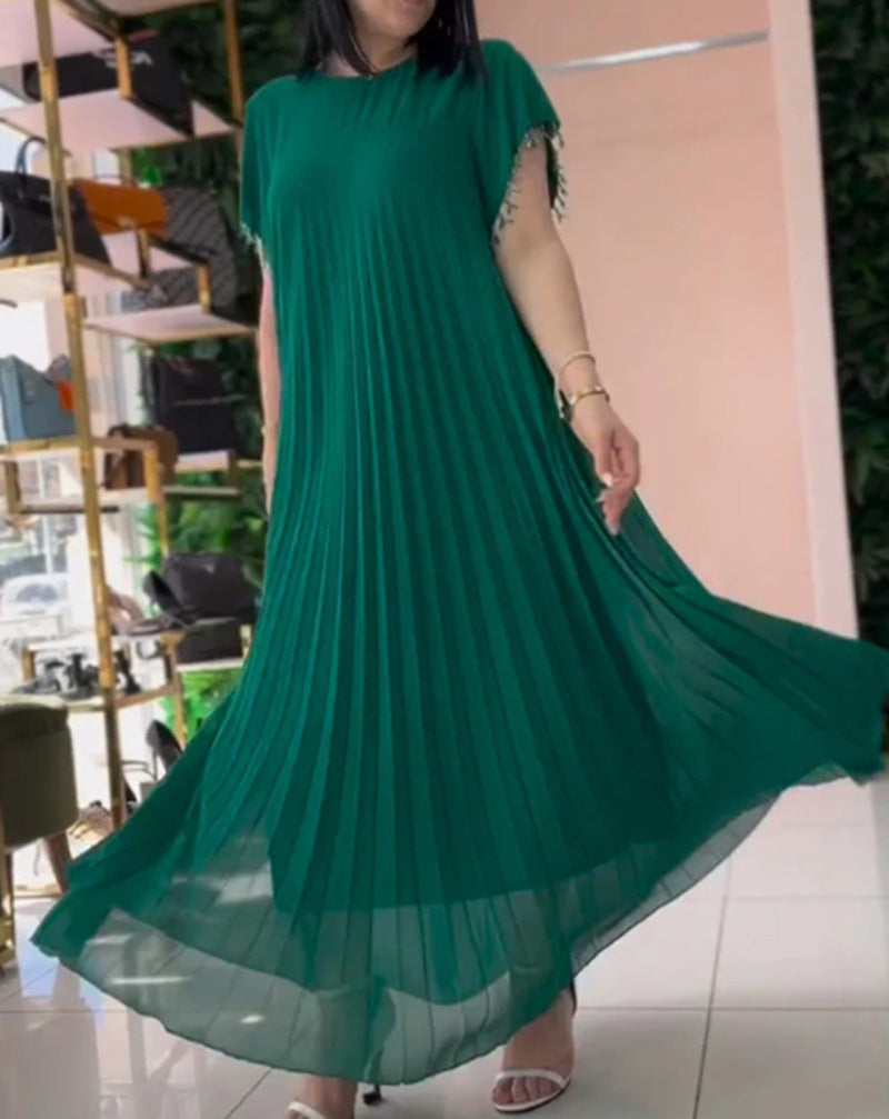 Women nan elegant chiffon pleated maxi dress with wide swing skirt and tassel sleeves StylebySassy