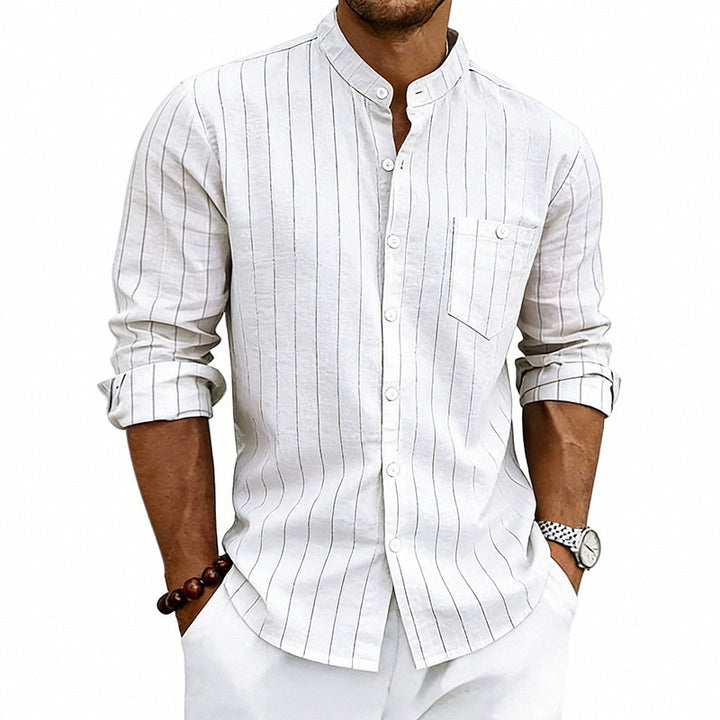 Men's breathable pinstripe long-sleeve shirt with stand collar, chest pocket, and rounded hem StylebySassy
