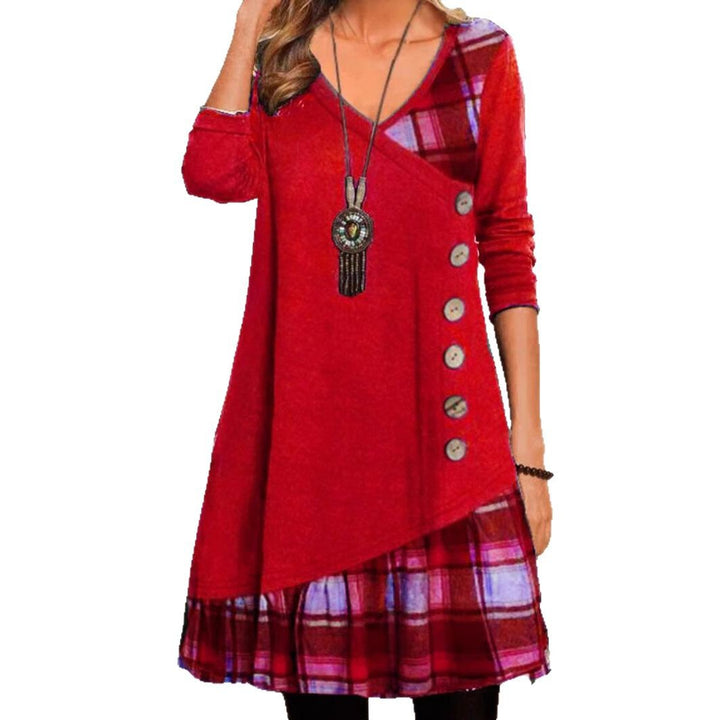 Women's asymmetrical V-neck tunic dress with decorative button placket and animal print trim StylebySassy