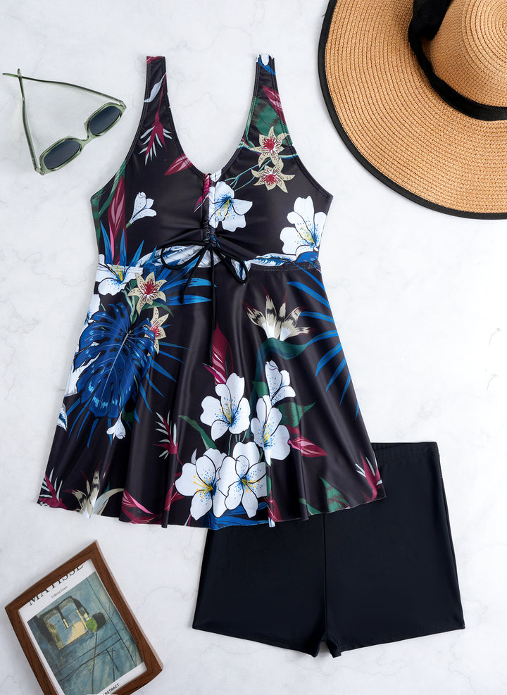 Ladies' tankini set with stylish ruffle and graphic peacock pattern StylebySassy