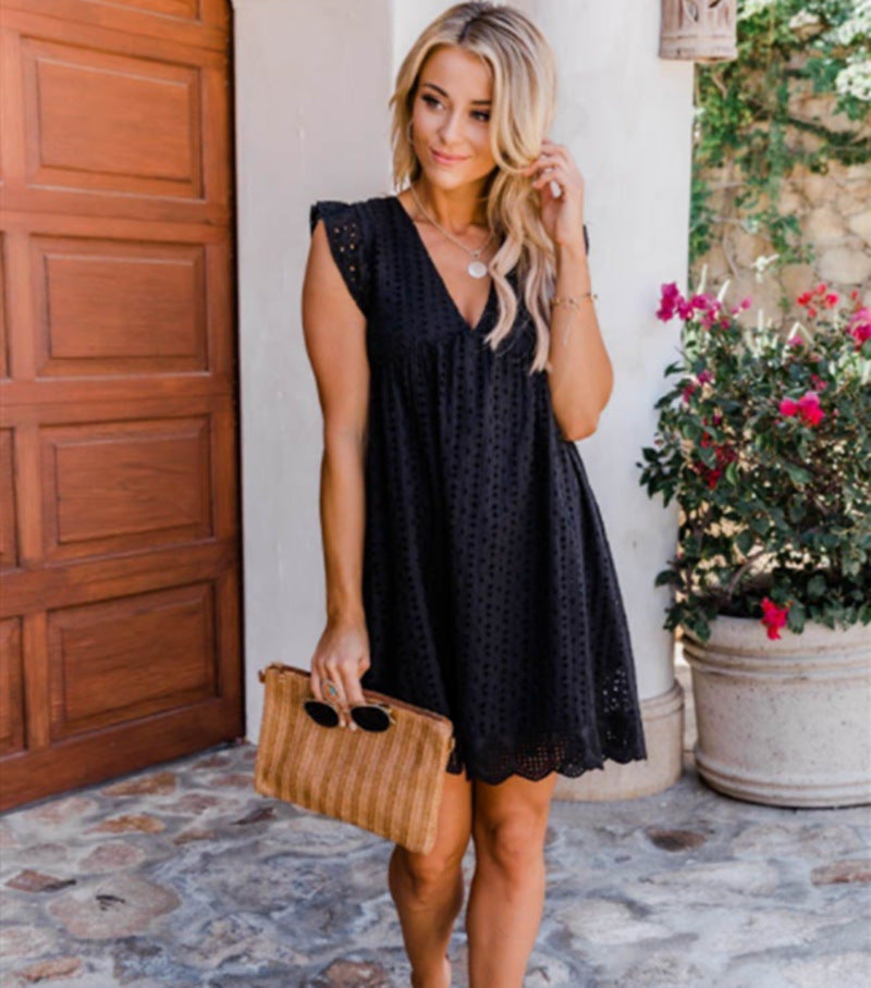 Women's Broderie-Anglaise Mini Dress with V-Neck, Ruffled Sleeves, and Insert Pockets StylebySassy