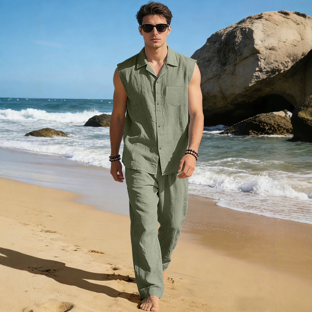 Men's sleeveless linen leisure set with lapel collar, chest pocket, and straight pants StylebySassy