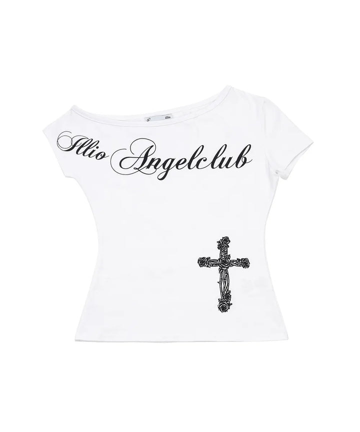 Women Off-Shoulder T-Shirt with Cross Motif StylebySassy