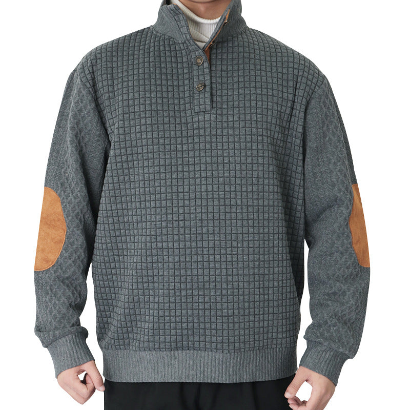 Men's Half-button Stand-up Collar Sweater with Honeycomb Structure and Leather Details StylebySassy