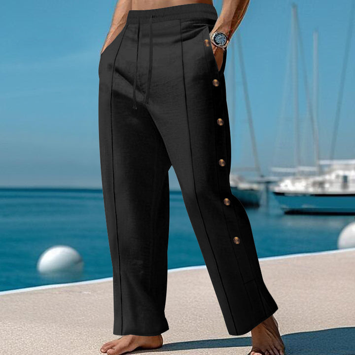 Men's nautical relaxed trousers with wide leg, elastic drawstring waistband and side button placket StylebySassy