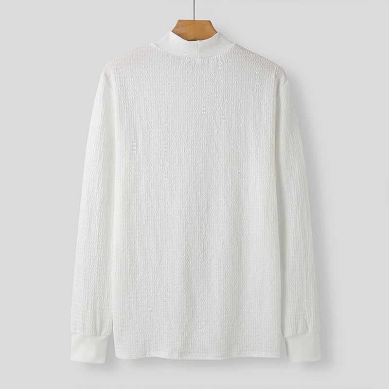 Unisex nano textured waffle knit pullover with slim stand-up collar and ribbed cuffs StylebySassy
