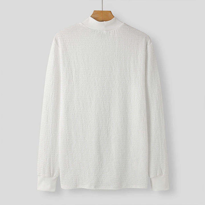 Unisex nano textured waffle knit pullover with slim stand-up collar and ribbed cuffs StylebySassy