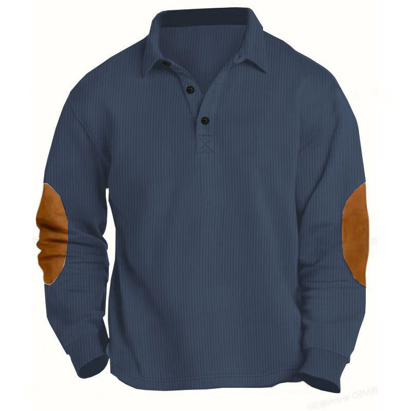 Men's nan legeres long sleeve polo shirt with shirt collar, short button placket, fine texture and velour elbow patches StylebySassy