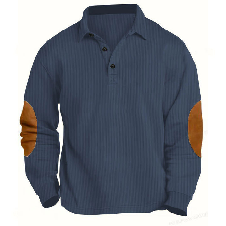 Men's nan legeres long sleeve polo shirt with shirt collar, short button placket, fine texture and velour elbow patches StylebySassy