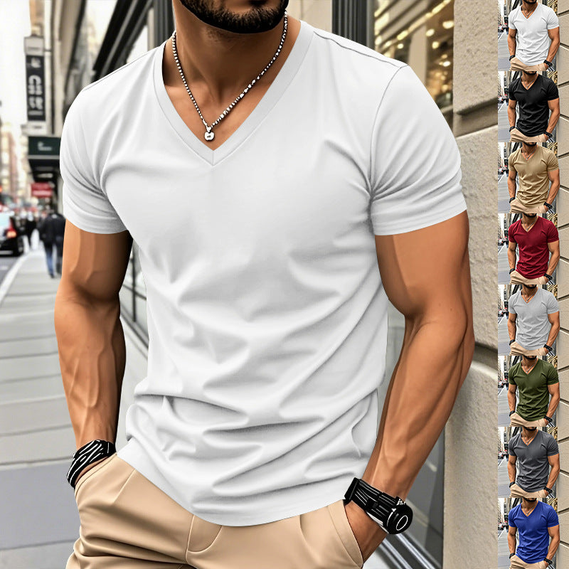 Men's classic V-neck T-shirt made of fine cotton jersey with reinforced neckband and double stitching StylebySassy