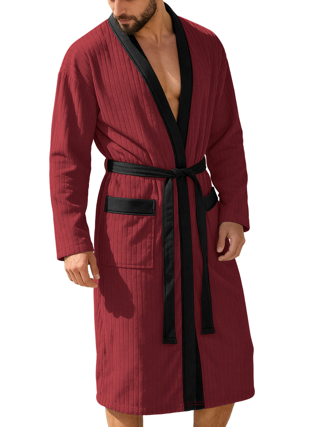 Men's knee-length ribbed kimono-style bathrobe with shawl collar and contrast piping StylebySassy