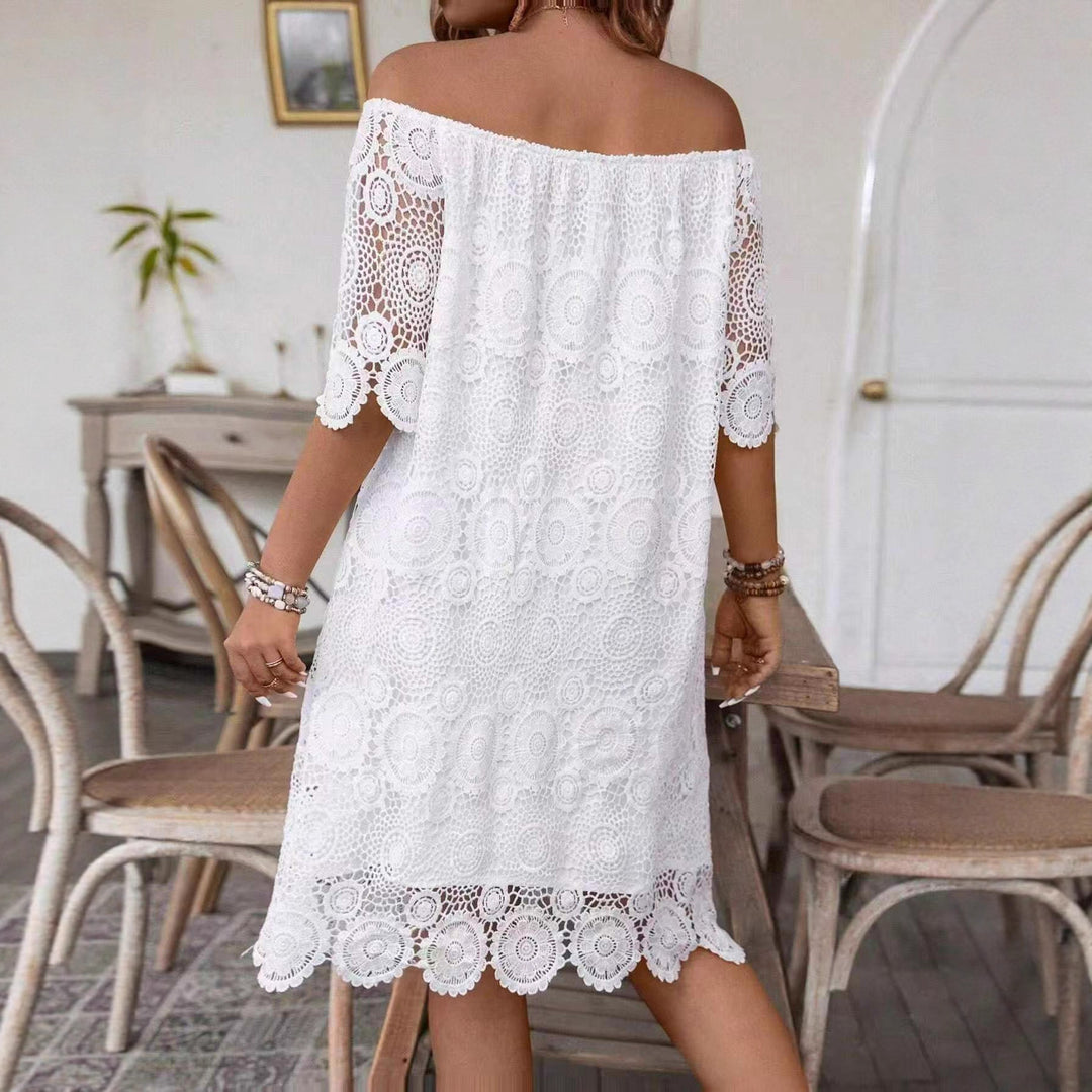Women's off-shoulder crochet midi dress with sweetheart neckline and floral lace trim StylebySassy
