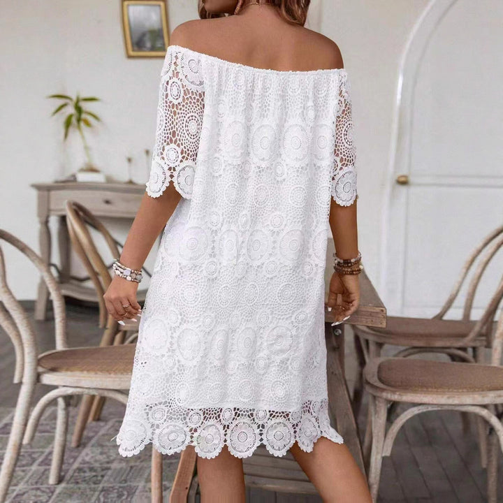 Women's off-shoulder crochet midi dress with sweetheart neckline and floral lace trim StylebySassy