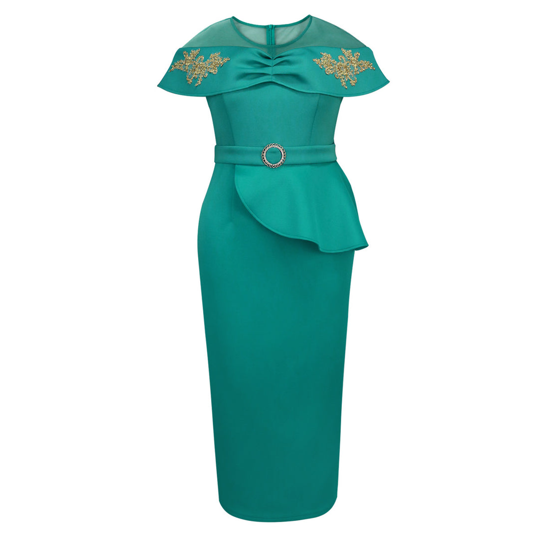 Women Elegant Maxi Dress with Transparent Sleeves and Decorative Appliqués StylebySassy
