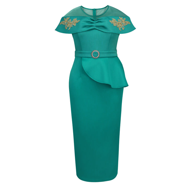 Women Elegant Maxi Dress with Transparent Sleeves and Decorative Appliqués StylebySassy
